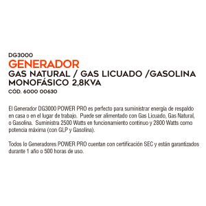 Generador monofasico - gas liquado o natural - partida electrica - 1kva