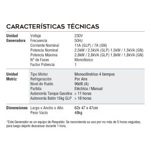Generador monofasico - gas liquado o natural - partida electrica - 1kva