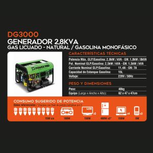 Generador monofasico - gas liquado o natural - partida electrica - 1kva