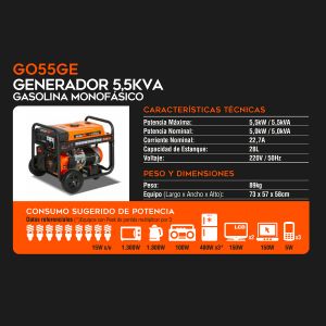 Generador monofasico - gasolina - partida electrica - 5.5kva