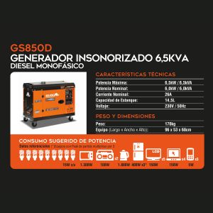 Generador monofasico - diesel - partida electrica - 6.5 KVA GS850D Kolvok